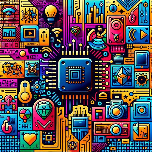 A visually engaging illustration featuring various technology symbols such as computer chips, programming code, streaming services, and digital cameras, in a vibrant and colorful design, capturing the essence of IT and technology.