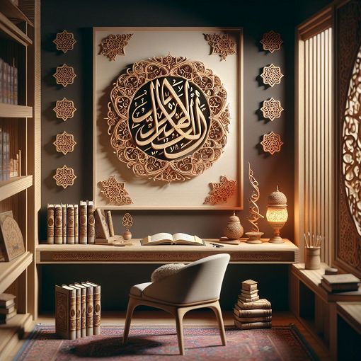 Create a serene and educational image featuring Arabic calligraphy of Adhkaar, books, and a peaceful study environment with warm lighting.