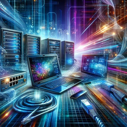 A modern tech-themed digital artwork featuring high-tech devices, servers, and networking elements with vibrant colors and a dynamic background.