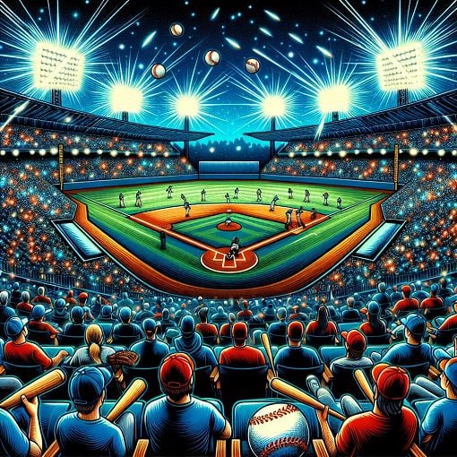 A vibrant and dynamic illustration of a baseball field filled with fans, a baseball diamond glowing under bright stadium lights, and iconic baseball imagery like bats and gloves, capturing the excitement of opening day.