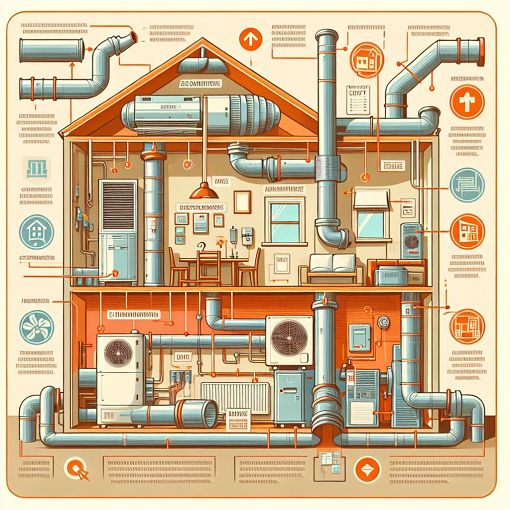 An educational illustration showing various HVAC system components such as air conditioners, furnaces, and ductwork in a house, with labels and arrows explaining their fun<wbr>ctions, in a bright, inviting color scheme.