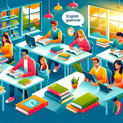 A colorful illustration of people engaging in a fun English grammar quiz, with books and digital devices in a bright learning environment.