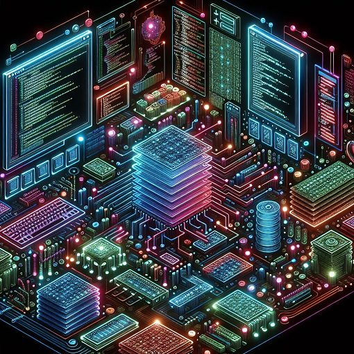 A vibrant and modern illustration depicting data structures, algorithms, and flowcharts, intertwined with computer programming elements and digital interfaces.