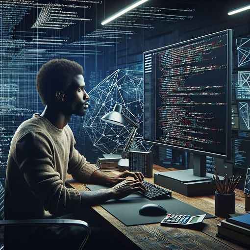 An illustration of a programmer at a computer, surrounded by code and programming tools, depicting a modern coding environment.