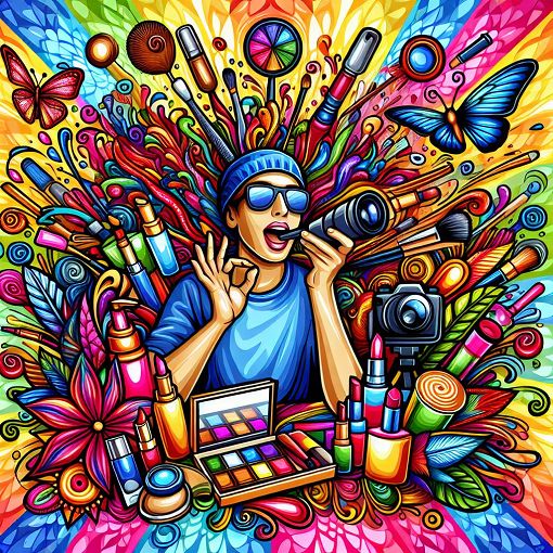 A vibrant illustration depicting a popular social media influencer surrounded by beauty products, fashion items, and colorful backgrounds, showcasing the lively culture of internet vlogging.