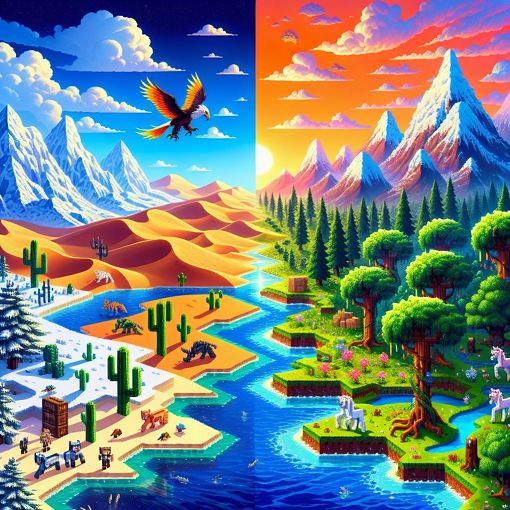 Create an image of a vibrant fantasy landscape with lush biomes representative of different Minecraft terrains, including deserts, snowy mountains, forests, rivers, and ocean, along with whimsical representations of mythical creatures and elements.