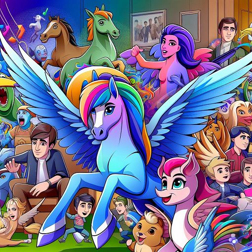 A colorful, fun illustration featuring popular animated characters and icons from various TV shows like My Little Pony, Jessie, Friends, and others, blending together to form a vibrant and inviting landing page for a personality quiz.