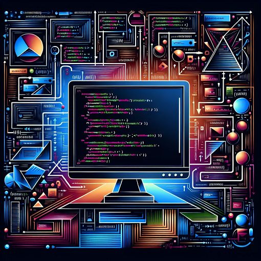 A highly stylized illustration of a computer screen displaying code with arrows and diagrams representing object-oriented programming concepts, such as inheritance and polymorphism, in a vibrant color palette.