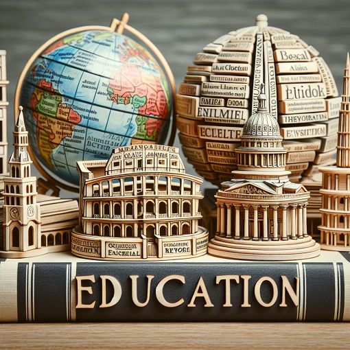 An educational scene featuring books and a globe, with highlighted articles such as 'the,' 'a,' surrounded by iconic landmarks like the Eiffel Tower and the Statue of Liberty.