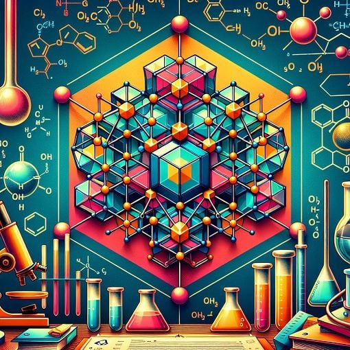 A visually appealing illustration of various metal complexes showcasing their geometric arrangements in bright colors, with elements like octahedron, tetrahedron, and square planar structures, set against a background of chemical formulas and laboratory equipment.