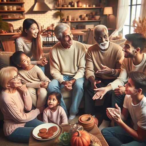 An inviting family gathering scene showing different generations interacting together in a warm, cozy environment, emphasizing connection and togetherness.