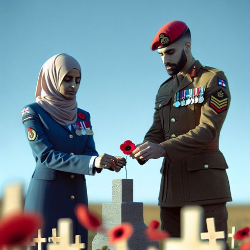 Create an image depicting a solemn Remembrance Day ceremony, showcasing people in various military uniforms laying poppies at a war memorial under a clear blue sky, with a focus on a poppy flower in the foreground.