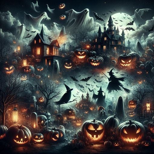 A spooky Halloween-themed collage featuring pumpkins, ghosts, witches, and haunted houses, with an eerie moon in the background and a dark color palette