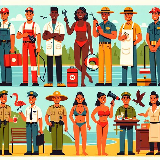 A vibrant and engaging illustration depicting various roles of RNSP B shift employees, featuring icons for maintenance, lifeguarding, rangers, eating places, nature, and local culture.