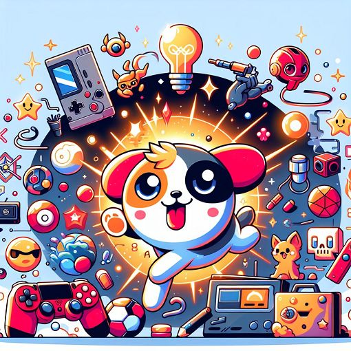 A vibrant and colorful digital illustration of a cartoon character representing Maxy, surrounded by various video game elements, anime references, and a dog, conveying a sense of fun and engagement.