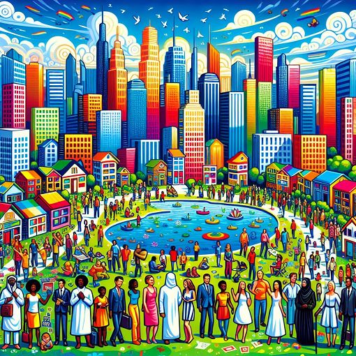 A vibrant and imaginative illustration of a utopian city with diverse architecture, happy people, and green spaces, embodying themes of harmony, equality, and community.