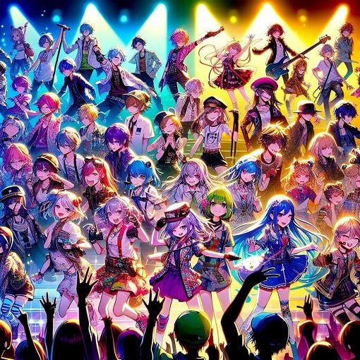 A vibrant illustration of various characters from the Enstars universe, each reflecting distinct personalities and traits, set in a lively concert atmosphere.