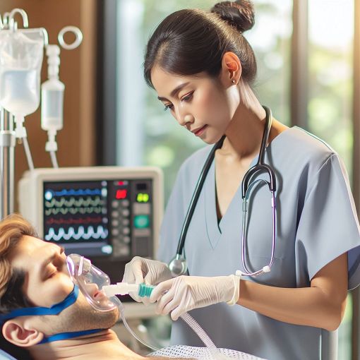 A nurse performing tracheostomy care in a clinical setting, with suctioning equipment and patient monitoring tools in view, depicting professionalism and patient safety.