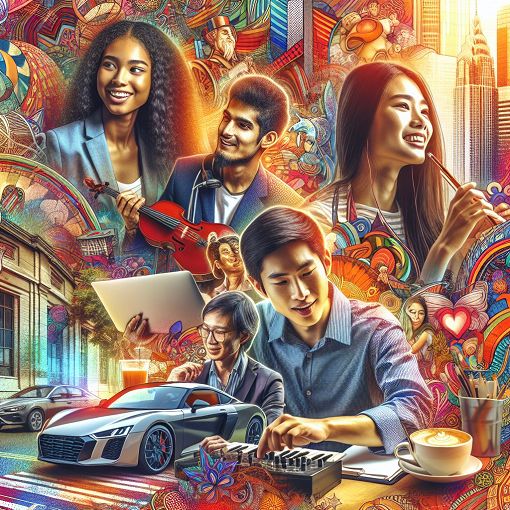 A vibrant and colorful collage of young interns at work, showcasing diverse individuals engaged in various activities such as driving cars, playing instruments, and enjoying meals together in a cheerful office setting.