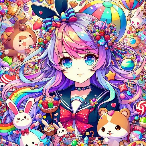 A vibrant and playful illustration of an anime character surrounded by various favorite things like colors, animals, and snacks, showcasing a fun and engaging atmosphere.