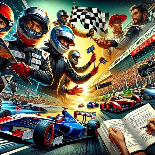 A vibrant and dynamic illustration of a motorsport scene, showcasing vehicles, safety gear, and a visible rulebook, all in an action-packed environment.