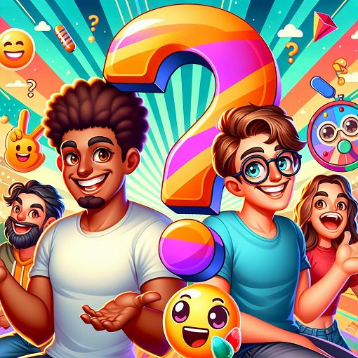 A colorful and humorous illustration representing a fun quiz, featuring cartoon characters that embody humor and friendship, in a playful setting with elements like a question mark and emojis related to gaming.