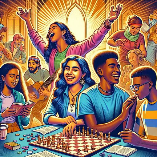 A vibrant and energetic illustration depicting a group of diverse youth enjoying activities like singing, playing games, and hanging out at a church youth group event, with a colorful backdrop that captures a fun and lively atmosphere.