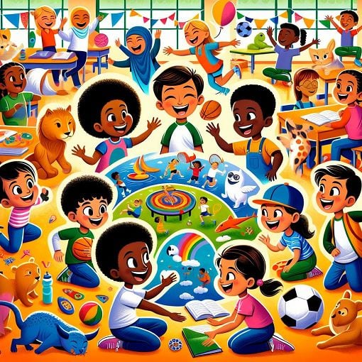 A colorful and playful illustration of children playing in a classroom environment, with diverse animals representing friendly fun, sports, and outdoor activities.