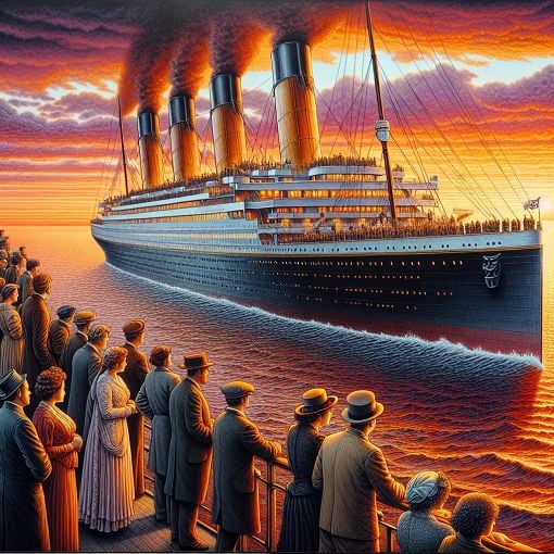 A highly detailed image of the Titanic sailing on the ocean, with period-appropriate ocean liner designs, a sunset in the background, and passengers looking out over the railings.