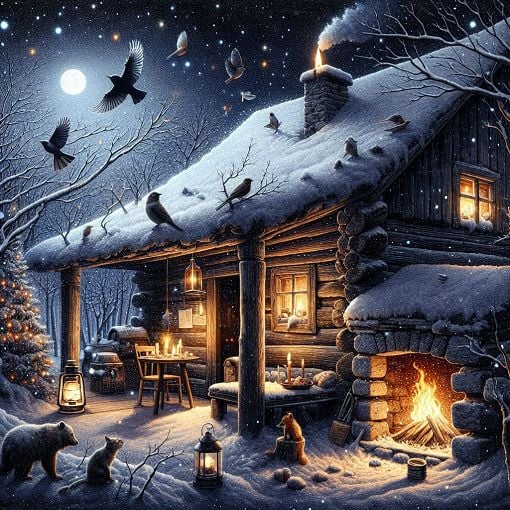 A thought-provoking illustration featuring a dark cabin with a match, a lamp, a fireplace, and a candle, surrounded by birds and a bear in a snowy landscape