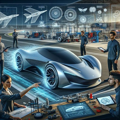 Create an image of a futuristic electric vehicle on a racetrack, with engineers discussing design elements and strategies. Include elements of automotive engineering and a testing environment.