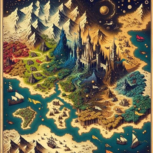 Generate an image of a fantasy map showcasing different empires, each represented by colorful flags, set against a mystical landscape with castles and forests.