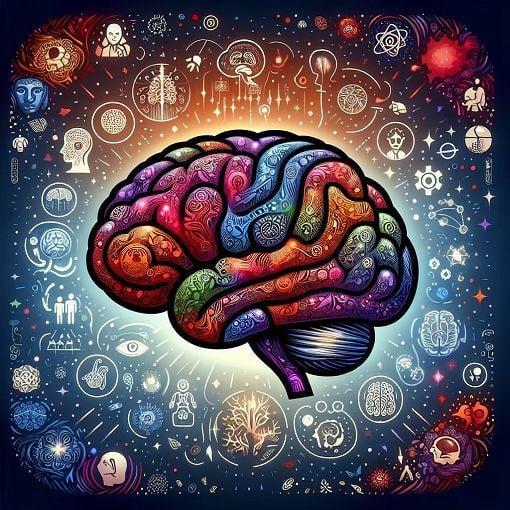 A detailed illustration of a human brain with highlighted areas representing different psychological fun<wbr>ctions and neurotransmitters, set against a vibrant background with psychology-related symbols.