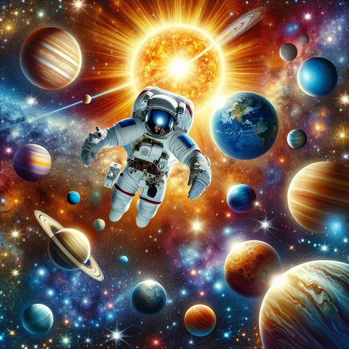 A vibrant image of the solar system with planets, stars, and an astronaut floating in space, with a bright sun in the background.