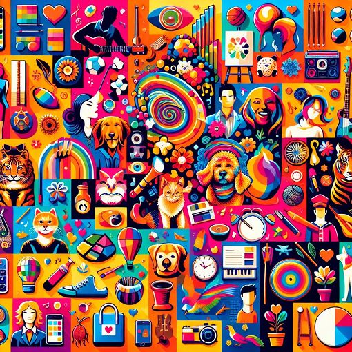 A vibrant and colorful collage representing various personality traits and lifestyle choices, with icons for hobbies, fashion, music, pets, and more.