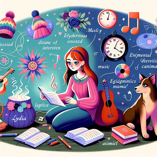 A colorful and whimsical illustration of a character named Lydia surrounded by various symbols representing her interests: books, music notes, a dog, and magical elements.