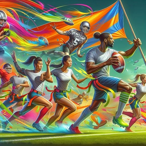 A vibrant and dynamic illustration of a flag football game in action, showcasing players in motion on a green field, with bright colors and energetic poses.