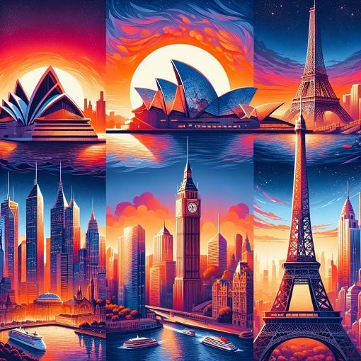 A vibrant collage of iconic city skylines around the world, including the Sydney Opera House, Paris Eiffel Tower, New York skyscrapers, and the Burj Khalifa in Dubai, showcasing different architectural styles and cityscapes during sunset.