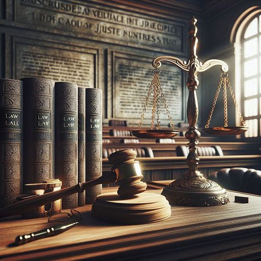 Create an image of a gavel, law books, and a scale of justice on a desk, with a courtroom backdrop.