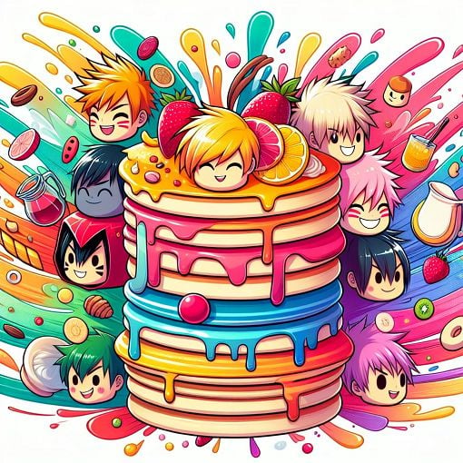 A whimsical illustration of a stack of colorful pancakes with various character faces and elements from anime and manga floating around them, each pancake decorated with different toppings representing different personality traits.