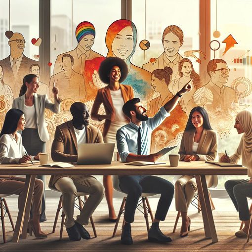 A motivational scene depicting a diverse group of people collaborating and inspiring each other in a vibrant workspace, emphasizing leadership qualities and personal growth.