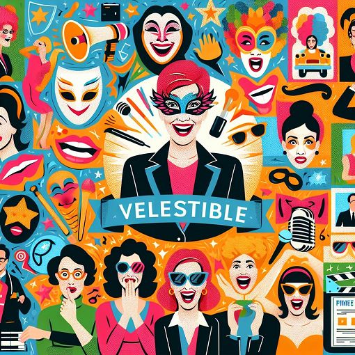 A colorful collage featuring elements representing Kate McKinnon's career such as comedy, impressions, and iconic movie characters, with a playful and engaging design.