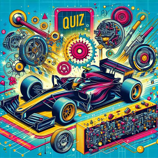 An illustrated quiz themed around automotive engineering and competition, featuring elements like race cars, engineering diagrams, and vibrant colors to engage the viewer.