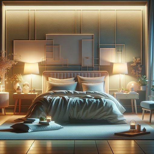 A serene bedroom with soft lighting, a comfortable bed, and calming decor that promotes good sleep hygiene.