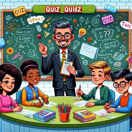 Create an illustration of a fun and colorful quiz environment featuring a character resembling a teacher and a group of students engaged in a lively quiz competition.