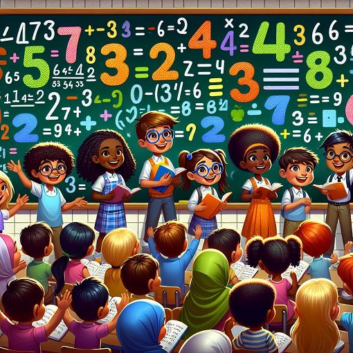 A colorful and engaging illustration showing various multiplication equations and a group of diverse children happily learning math in a classroom setting.