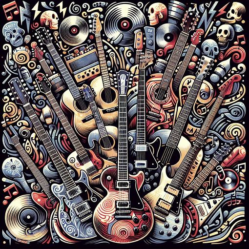 A vibrant and artistic illustration of various guitars arranged creatively, with musical notes and icons representing rock culture in the background.