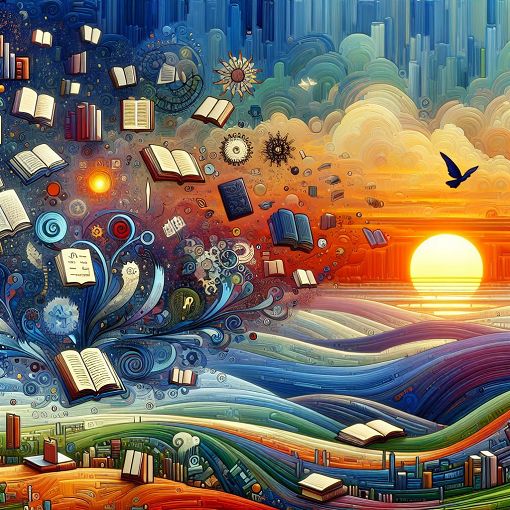 A vibrant graphic showing various literary devices like metaphors, similes, and alliteration with a background of books and a poetic landscape.