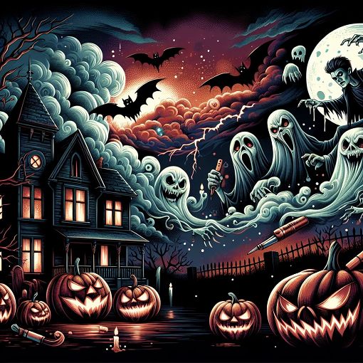 A spooky Halloween-themed illustration featuring pumpkins, ghosts, and vampires in a haunted setting, with a dark, atmospheric sky.