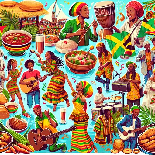 A colorful and vibrant illustration depicting Jamaican culture, featuring elements like food, dance, music, and traditional clothing.